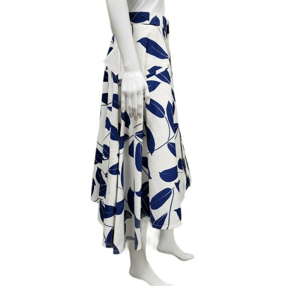 Marni White Blue Leaf Print Cotton and Linen Drill Wrap Midi Skirt Size 40 NEW - Picture 2 of 8